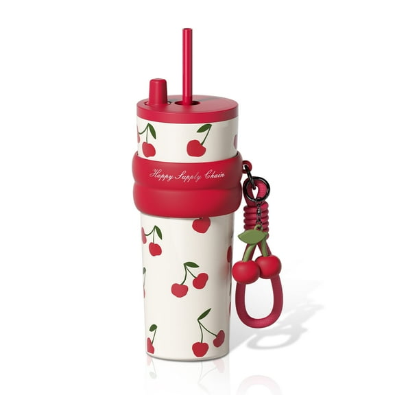 24 oz Tumbler with Lid and Straw, Stainless Steel Insulated Water Bottle Leak Proof for Hot and Cold, Portable Travel Coffee Mug, Reusable Coffee Cup for Women, Cherry