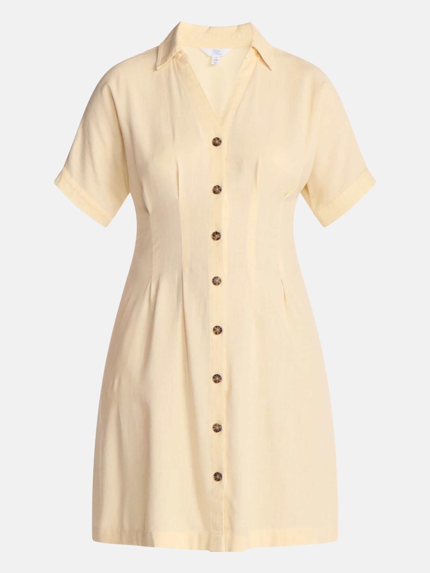 Time and Tru Women's Linen Blend Pleated Mini Shirtdress with Short Sleeves, Sizes XS-XXXL