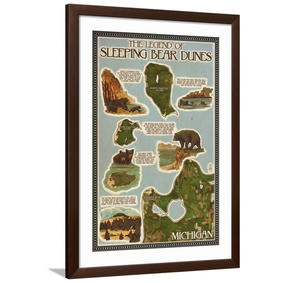Art.com Sleeping Bear Dunes, Michigan - Sleeping Bear Dunes Legend Map Art Print by Lantern Press, Brown Frame Wall Art, 32" x 44"