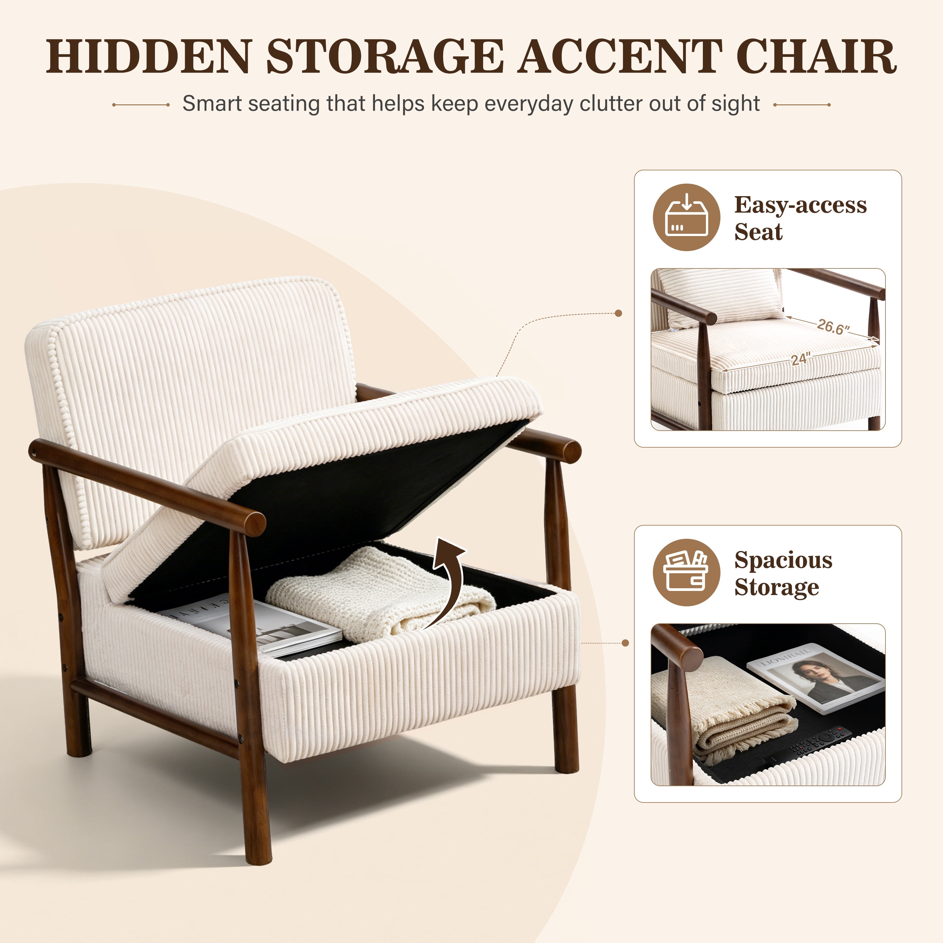 Accent Chair with Hidden Storage, LEGAHOME Antique White Modern Arm Chair for Living Room, Comfy Corduroy Reading Armchair for Bedroom, with Solid Wood Leg for 250lbs Weight Capacity