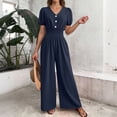 thumbnail image 6 of V-Neck Wide Leg Jumpsuit Pants, Women's Workwear Jumpsuit with Short Sleeves, Casual Button Front Romper, Solid Color Office Pantsuit for Business Casual, Professional Style Gifts for Women, 6 of 9
