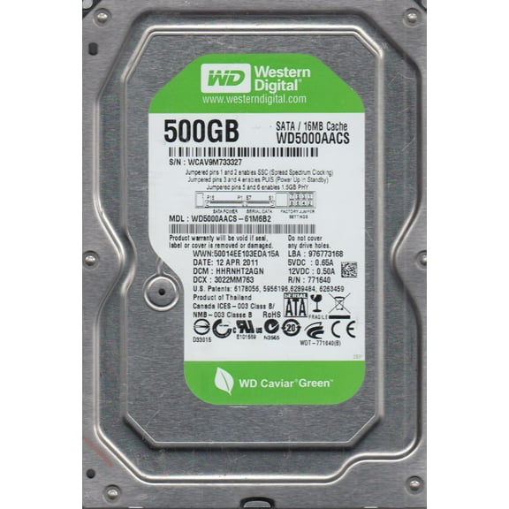 WD5000AACS-61M6B2, DCM HHRNHT2AGN, Western Digital 500GB SATA 3.5 Hard Drive