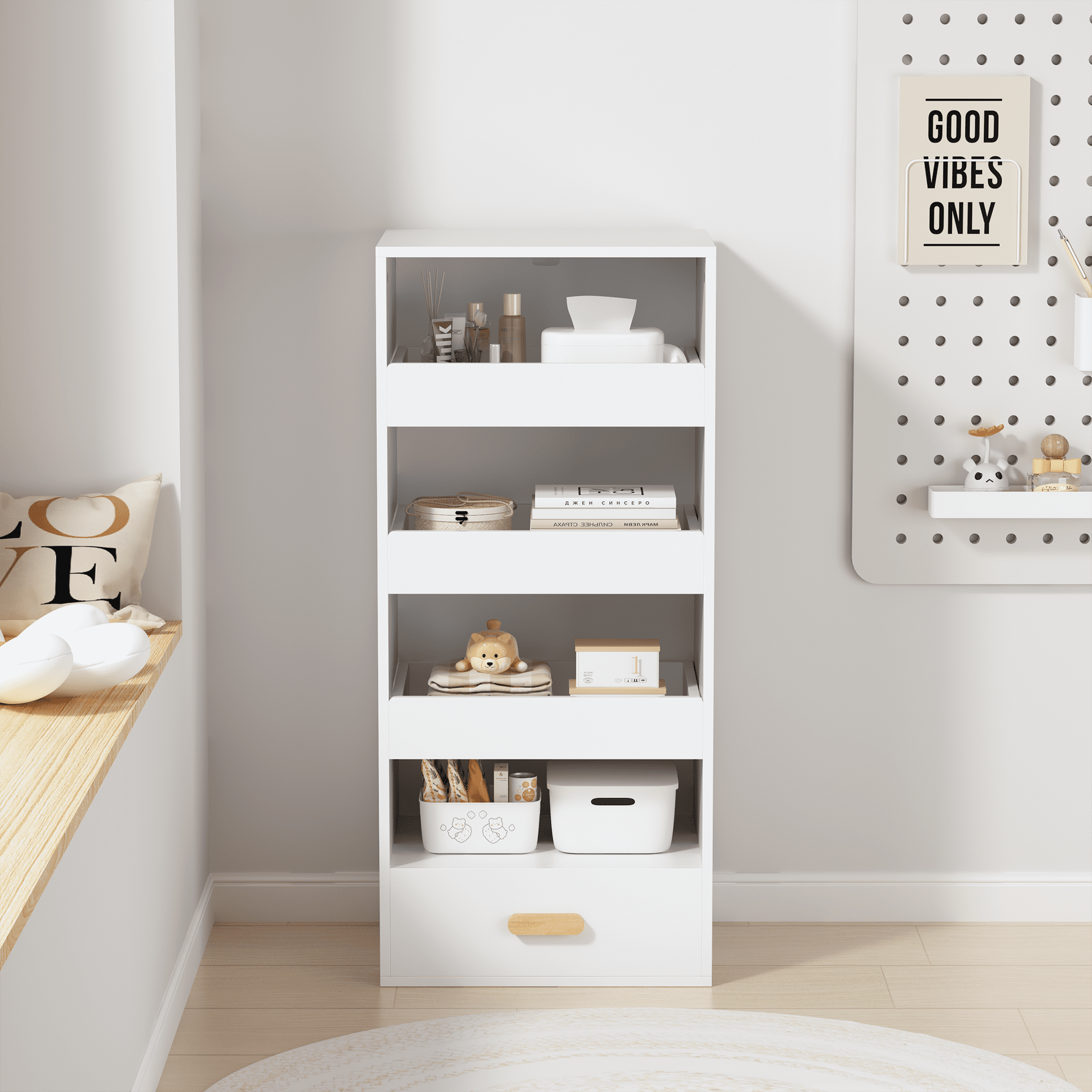 4-Tier Freestanding Bookshelf with 3 Sliding Drawers and 1 Bottom Drawer