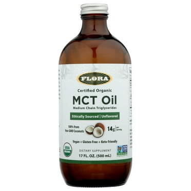 Flora Health MCT Oil Organic Energy Boost, C8 Caprylic & C10 Capric Acids, Keto, Kosher, Non-GMO Verified, 100% From Ethically and Sustainably Sourced Coconuts, 17 Fl Oz Liquid, Glass Bottle