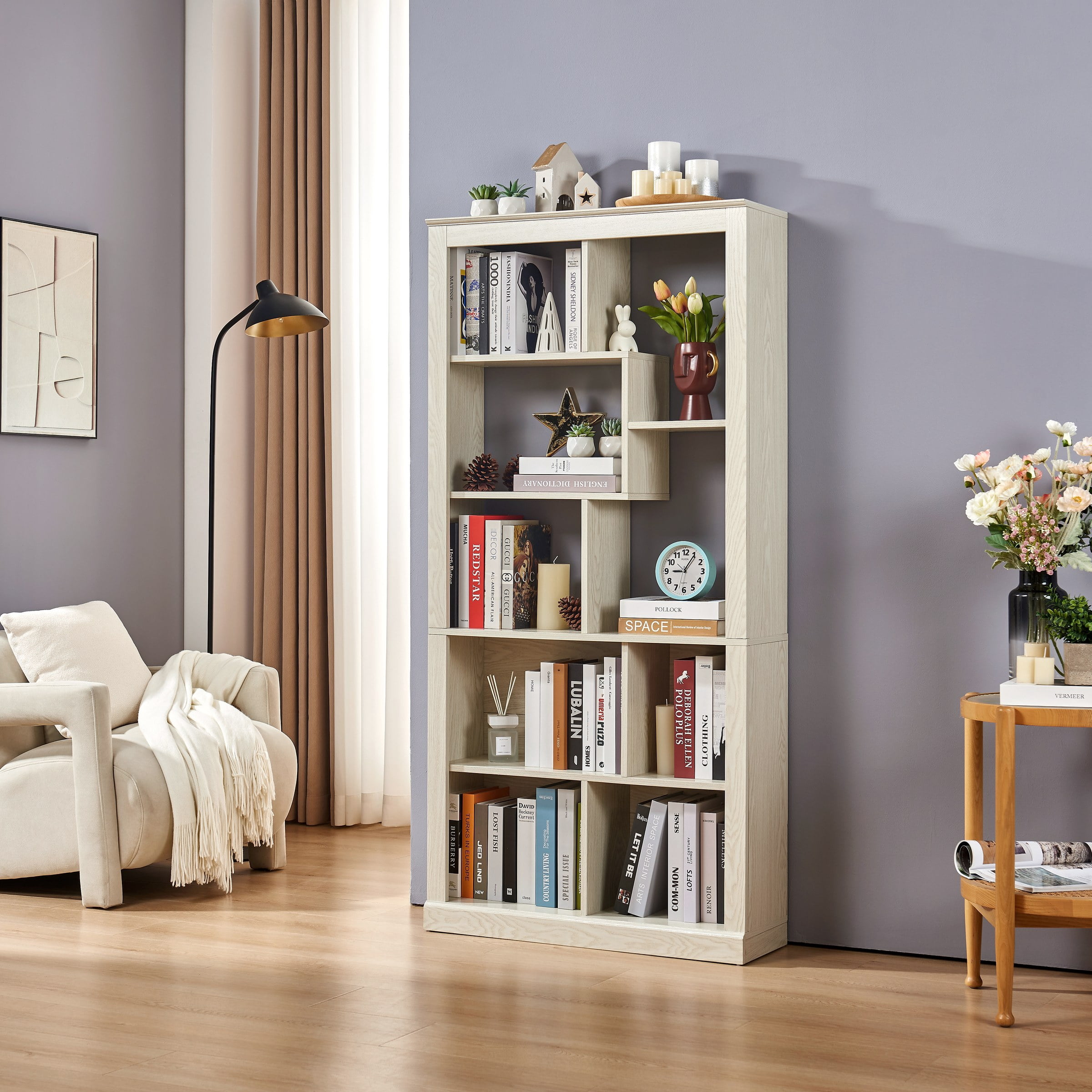 Free Combination Wood Open Bookshelf, Multi Space Display Storage Cabinet, Freestanding Bookcase with Anti-Tip Straps, Classified Storage Organizer for Living Room Bedroom Home Office