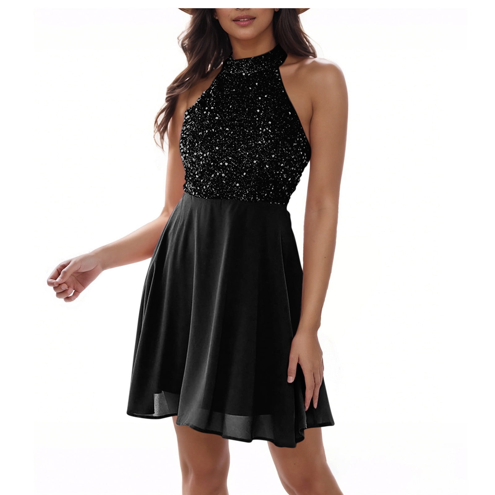 JGGSPWM Sequin Prom Dress for Women Halter Sleeveless Slim Skirt Dress Party Night Elegant Wedding Bridesmaid Dresses Black XL