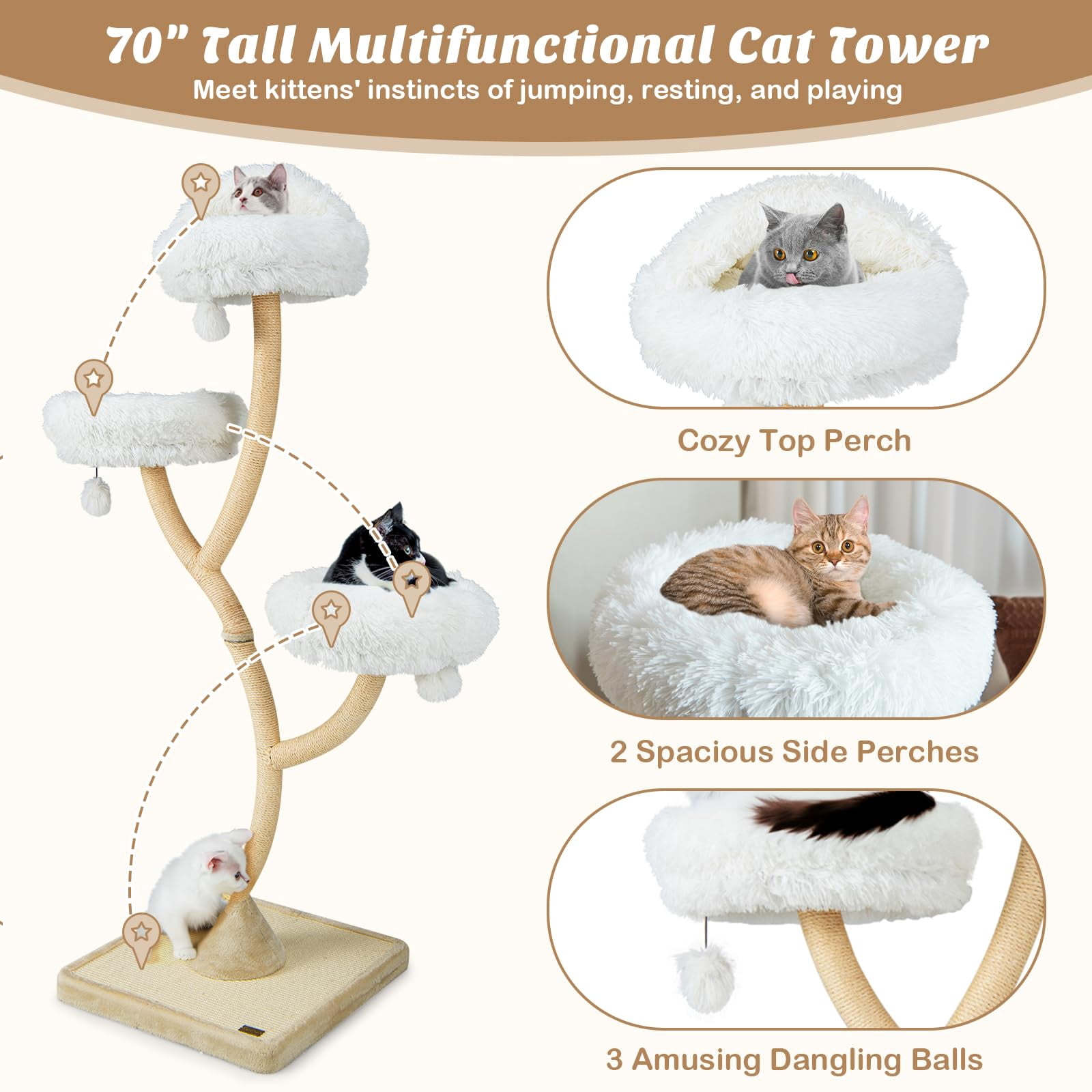 70 Inch Tall Cat Tree for Large Cats 20+ lbs, Multi-Level Cat Tower with Scratching Posts, 3 Cozy Perches and Dangling Toys, Modern Indoor Cat Furniture for Adult Cats, Beige