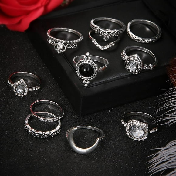TopLLC Rings Set of 10 vintage rings for women, crown design with rhinestones alloy ring