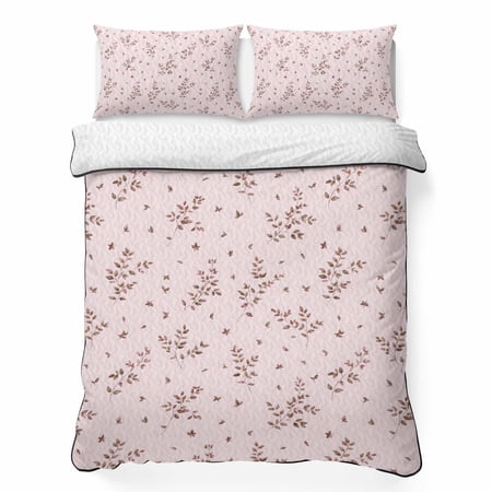 Queen Quilt Bedding Set Rustic Botanical Leaves on Pink Breathable Summer Cooling Blanket for Hot Sleepers Farmhouse Seamless Leaf Lightweight Soft Bedding Set with 2 Pillow Shams for All Season