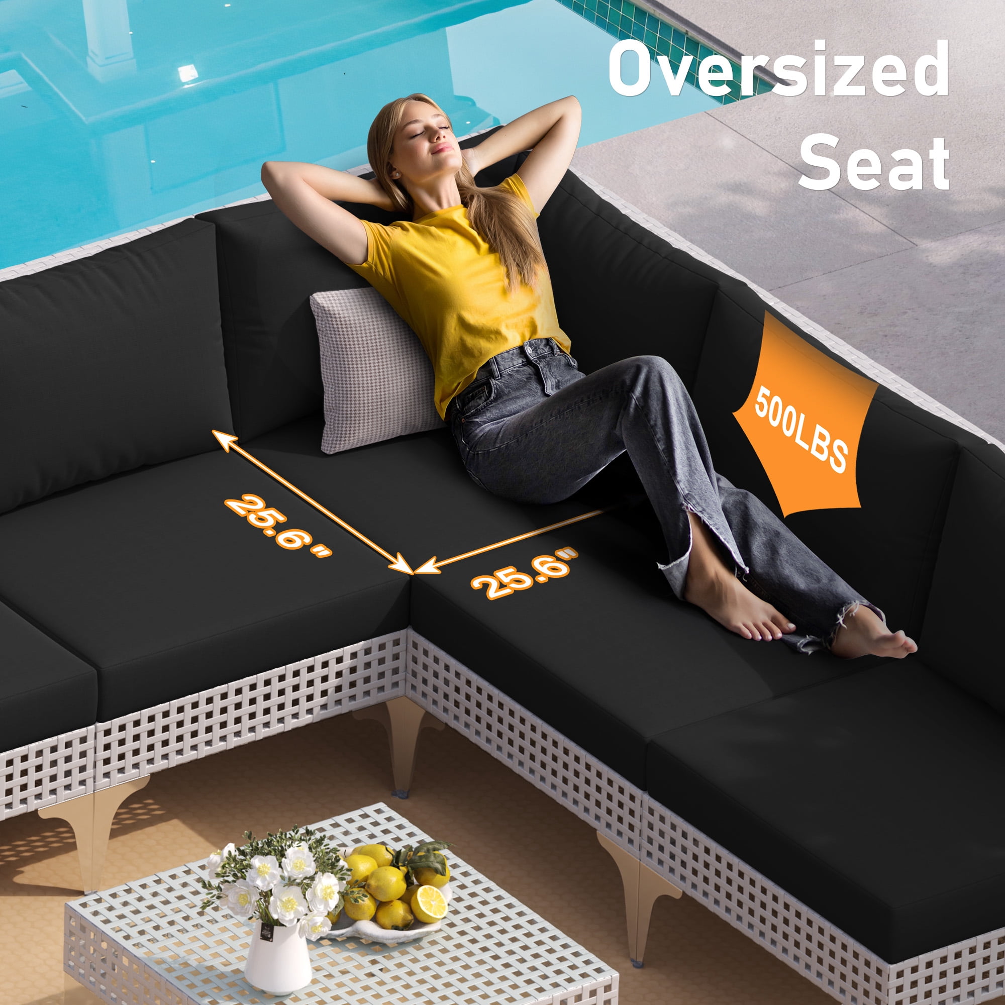 RADIATA 6Pcs Patio Boho Furniture Sofa Sets with Black Cushions , All-Weather White PE Wicker Outdoor Conversation Sets for Backyard, Deck, Poolside, Porch ,  Patio Sofa Sectional
