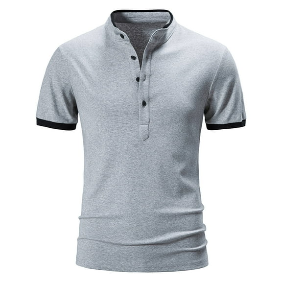 Babysbule Mens Shirts Men Casual Solid Button Short Sleeve Stand Collar Pullover T-Shirt Tops
