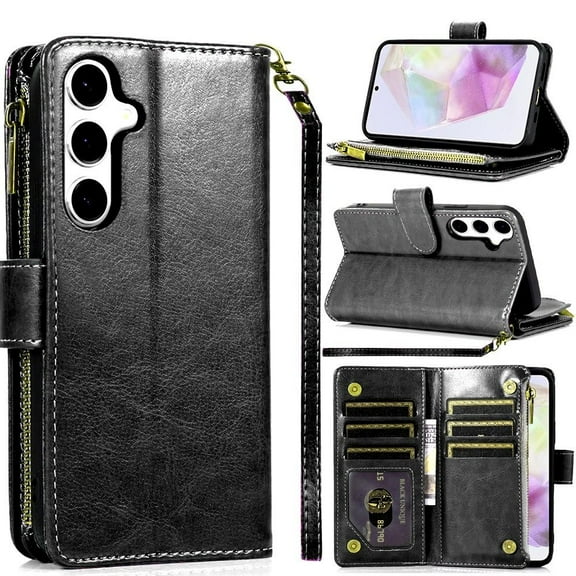 Leather Wallet Case with Zipper Pocket for Samsung Galaxy A36 5G - Black
