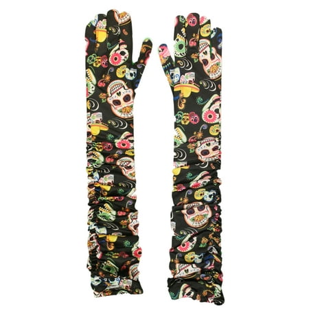 Costume Accessory - Day of the Dead All Over Print Long Rouched Gloves