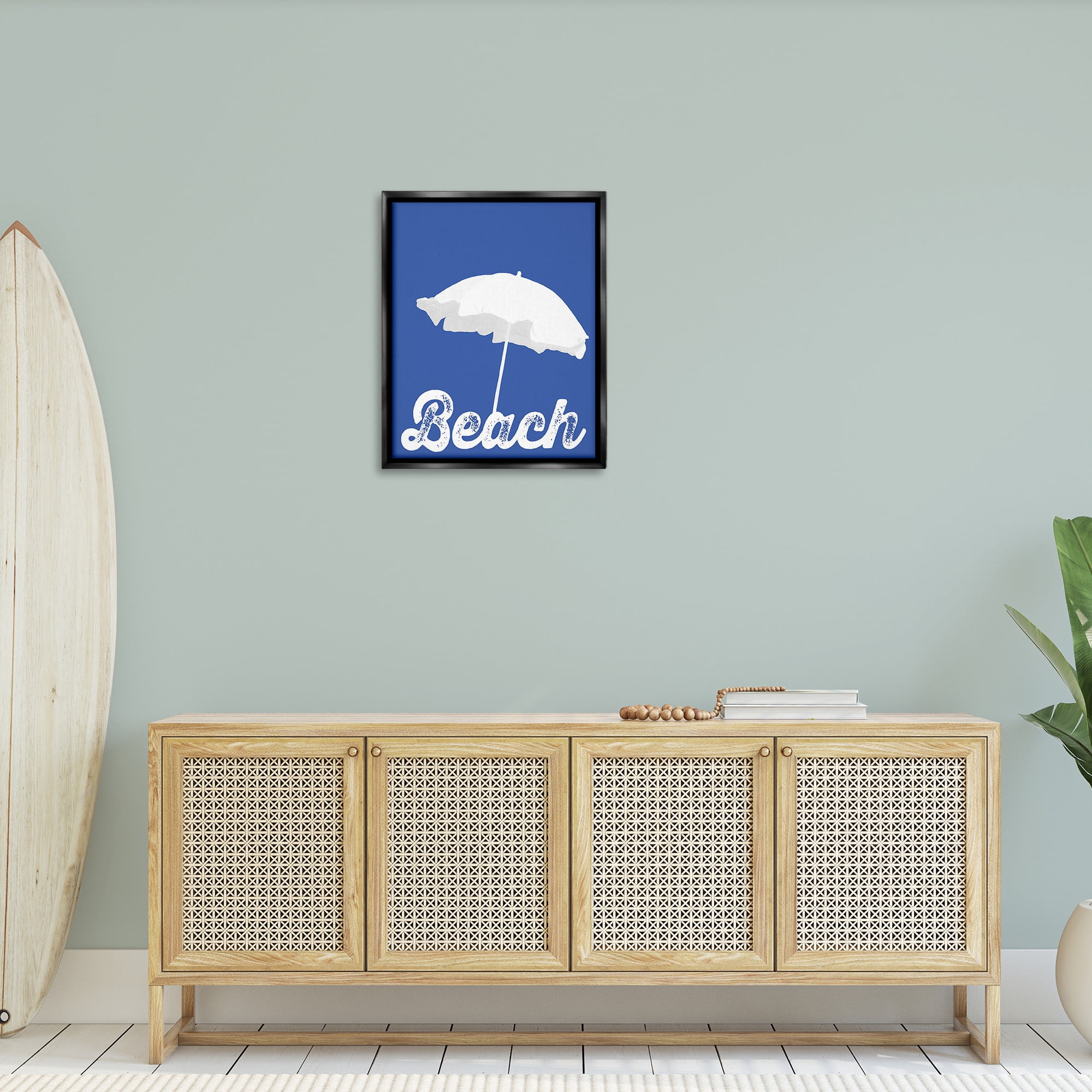 Stupell Industries Vintage Beach Umbrella Nature Painting Black Floater Framed Canvas Art Print Wall Art, 25 x 31