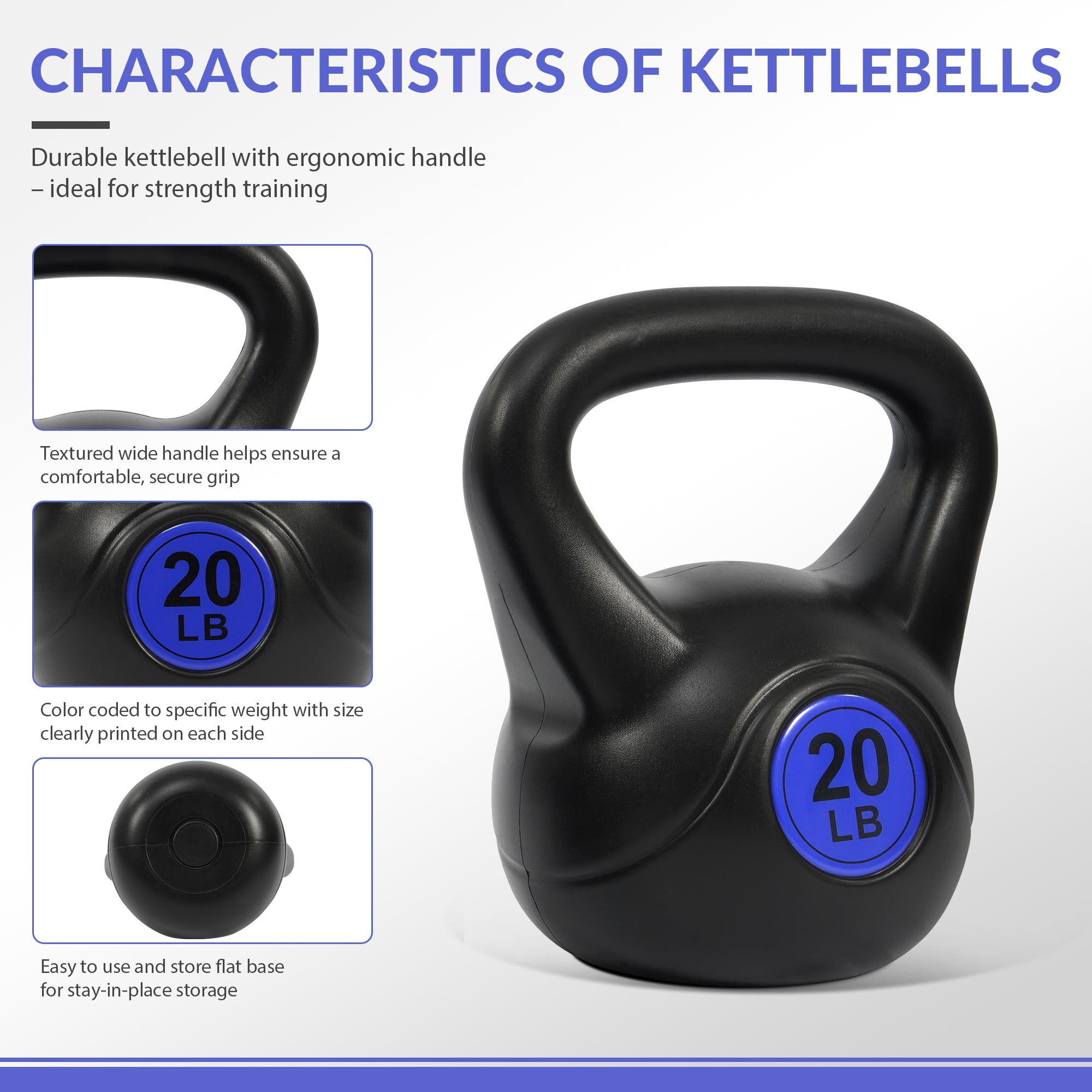 Signature Fitness Adjustable Sand-Filled Kettlebell Set, Black, Color-Coded Yellow/Green/Blue/Red Marks, Available in 30LB, 45LB, and 50LB Sets, Home Strength Training Equipment