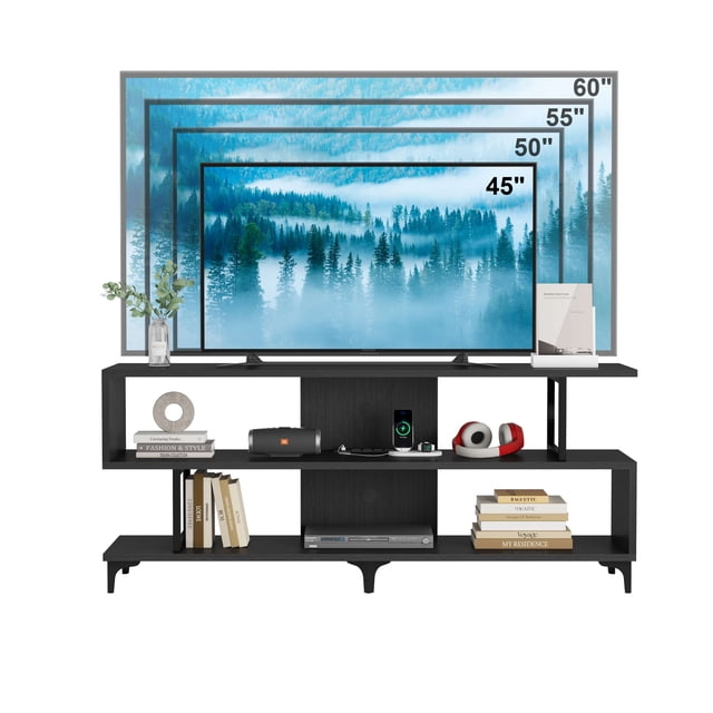65-pulgada mesa de tv: entertainment center con power outlet y cable management, negra TV y media consola para sala de estar
