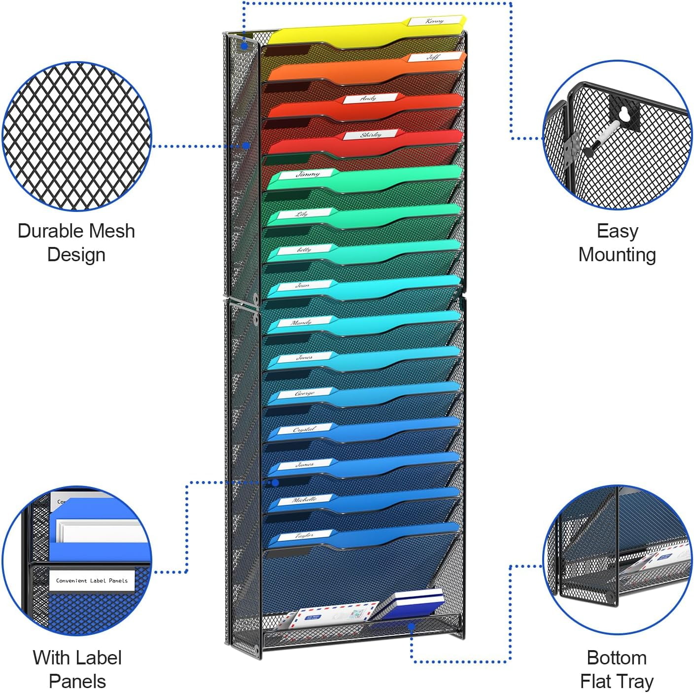 10 Tier Wall File Organizer, Hanging Wall Mount File Holder Paper Folder Mail Organizer, Mesh Metal, Black.
