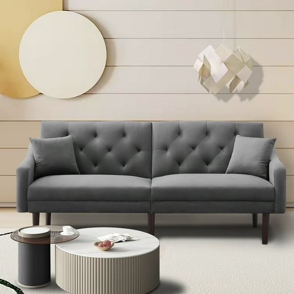 Modern Futon Sofa Bed, Convertible Folding Velvet Sofa Bed with Rubber Wood Legs, 2 Pillows, Mid Century Sofa Recliner Couch, Living Room Furniture Futon Couch for Small Space, Dark Gray, Q17881