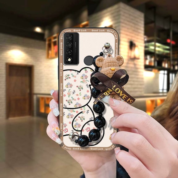 KDY-Phone Case For TCL 20 XE, cute protective case Bear bracelet Back Cover soft case Black pearl pendant silicone Waterproof Anti-knock Skin-friendly feel Cartoon Dirt-resistant