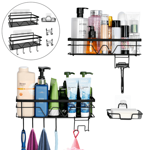 Hanging Shower ShelfBlack Bathroom Command Caddy Shelf with Hooks for Shampoo Holder Razor Holder Towel RackWall Shelf Storage for Kitchen Organizers and Storage