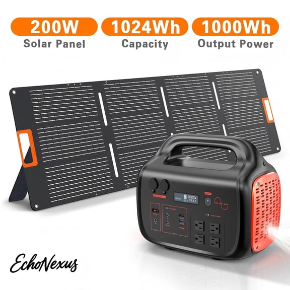 EchoNexus 1000W Portable Power Station,1024Wh LiFePO4  Battery pack,Portable Solar Generators with 200W Foldable Solar Panel for Home Use,Outdoor Camping,Emergencies,Rv Essentials