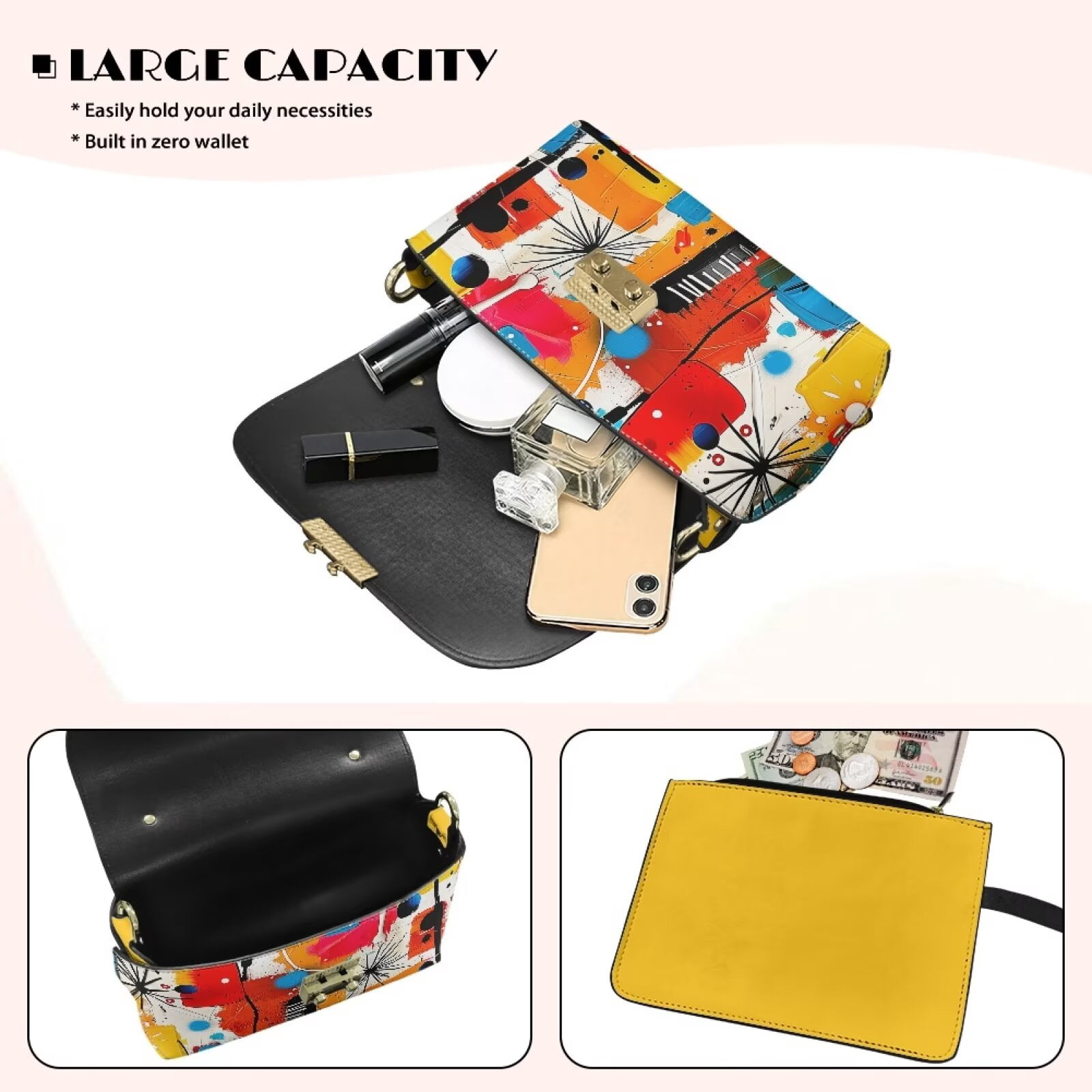 Pzuqiu Abstract Colorful Print Crossbody Bags Leather Versatile Practical Trendy Leather Quilted Shoulder Bag with Chain Strap Compact Vintage Gifts for Women