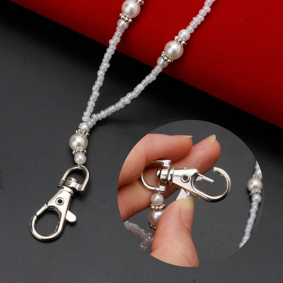 GENEMA White Pearls Bead ID Badge Holder Lanyard Necklace with Magnetic Breakaway Clasp
