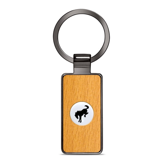 iPick Image for Ford Bronco Roundel Logo in White on Maple Wood Gray Gunmetal Metal Case Key Chain, Official Licensed