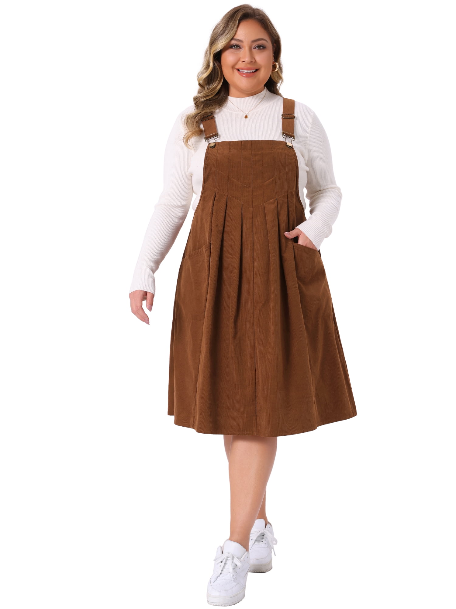 DARING DIVA Women's Plus Corduroy Pinafore Dress Pleated Skirt 3X Brown