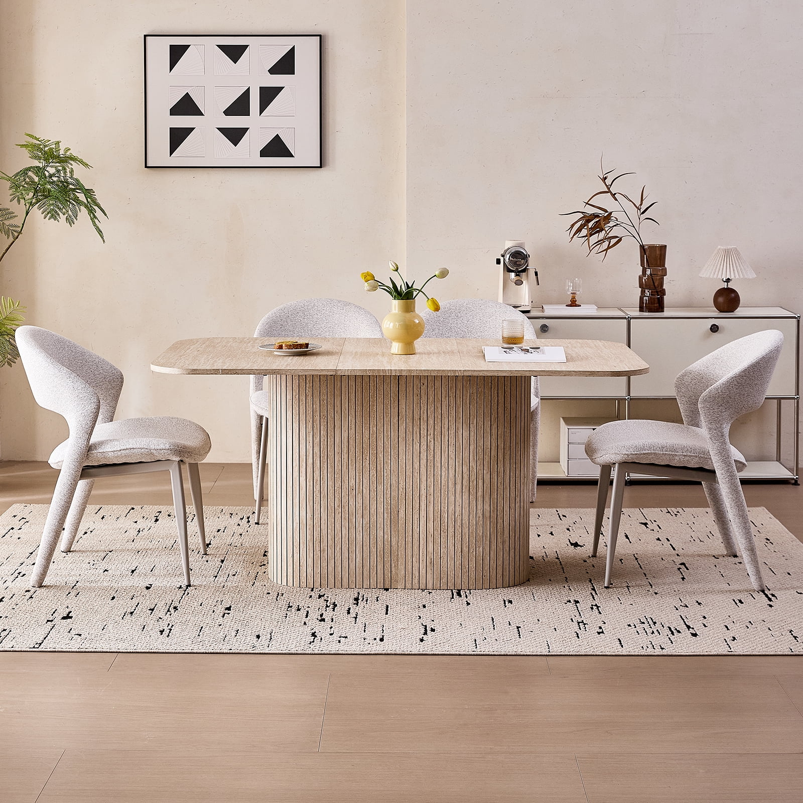 63" Dining Table for 4 Person, [Rounded Corners] [Striped Pedestal Base] Farmhouse Modern Rectangle Kitchen Dinner Table, Beige