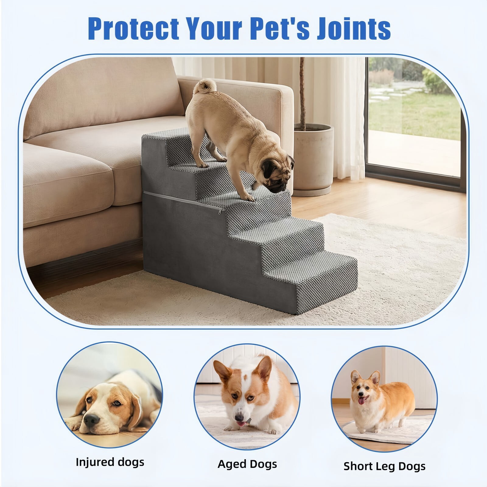 Kelno 23" Tall Dog Stair Foldable Foam Pet Steps with Removable Washable Cover, Gray