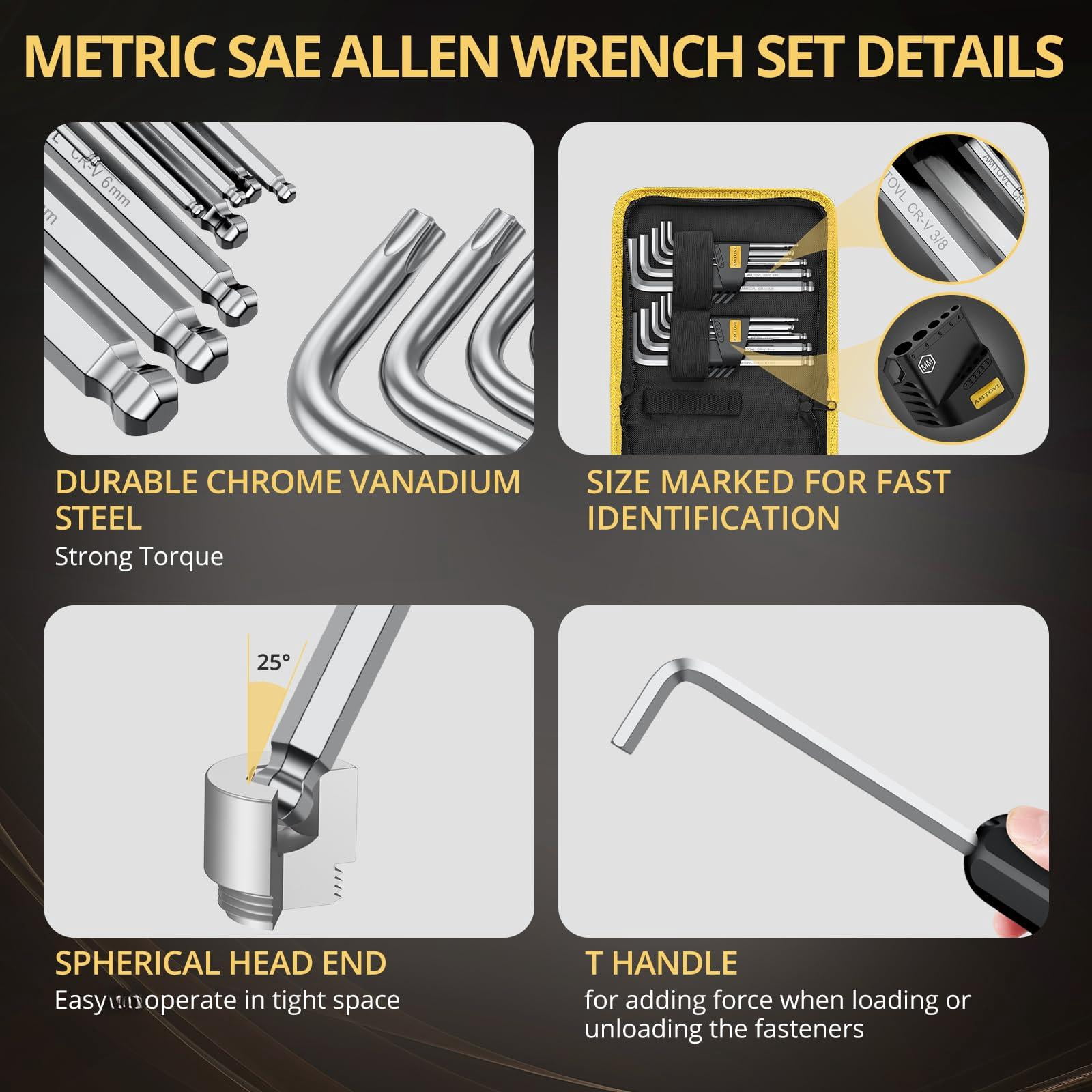 27pcs Allen Key Set - Metric & Sae Wrench  Extra Long Ball Star End Hex Keys With T-handle Color Coding For Bicycle Household Diy (sliver-27pcs Wrenches Sets)