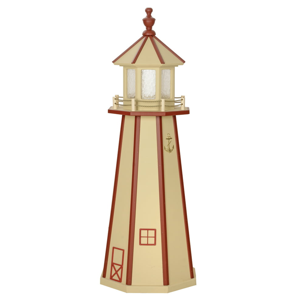 3 Foot Beige & Red Wooden Lighthouse w/ Solar Light - Amish Made ...