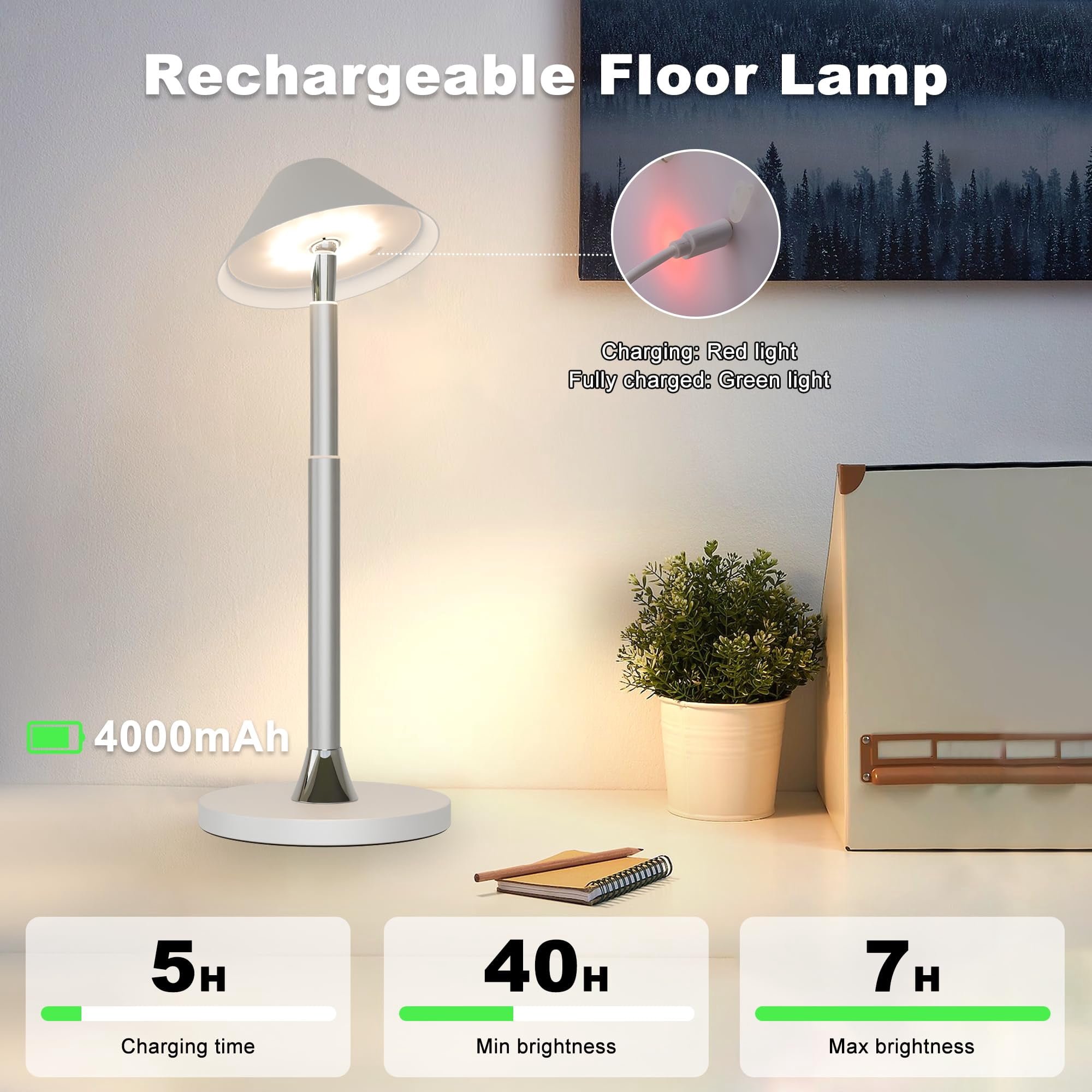 Floor Lamp for Indoor/Outdoor, Cordless Tall Standing Lamp with 3 Color Temps & Dimmable, IP43 Waterproof, Adjustable Height 16-59 Inch, LED Floor Lamp for Living Room, Patio(Black)