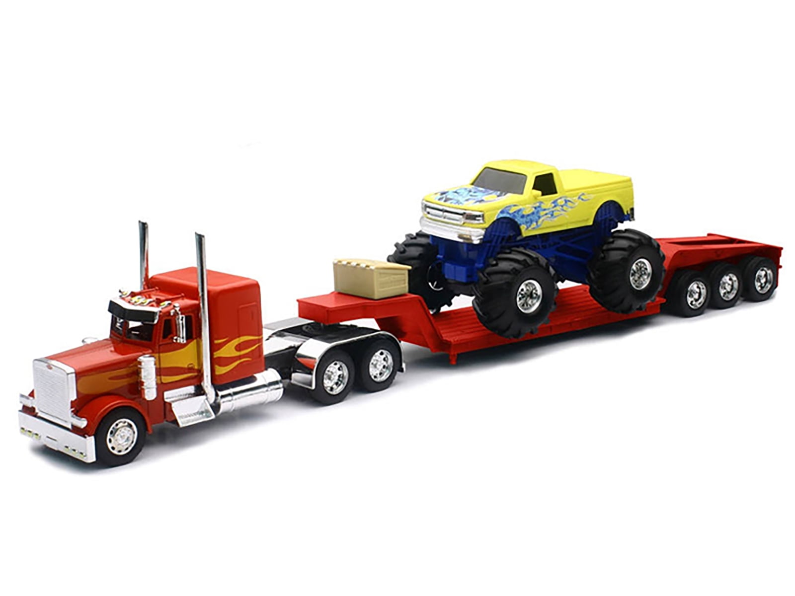 Peterbilt 379 Truck with Lowboy Trailer Red w/Orange Flames and  display picture 1
