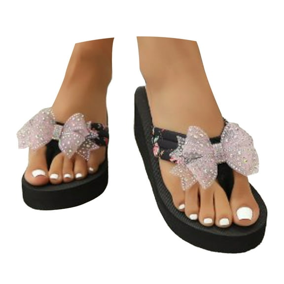 Mostsola Flip Flops for Women Glitter Bowknot Sandals Platform Wedges Heels Dressy Slip on Shoes