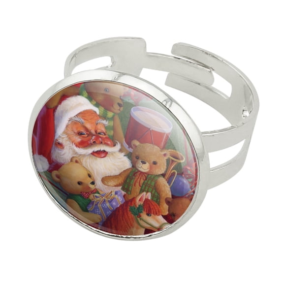 Christmas Holiday Santa Teddy Bears Toys Silver Plated Adjustable Novelty Ring