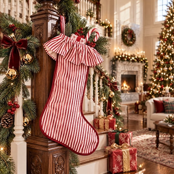 YingYouFu Christmas Red and White Stripe Stockings with Ruffled Cuff , Xmas Large Hanging Stockings Decorations for Christmas Tree Fireplace Family Holiday Party Decor