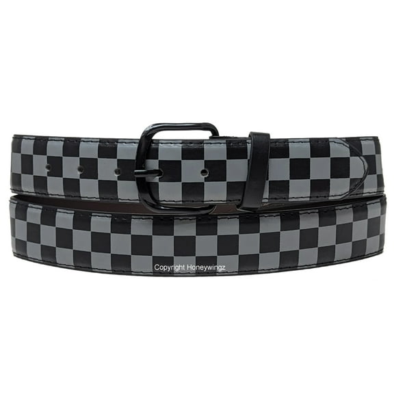 Black Gray Checker Flag Racing Style Bonded Leather Belt