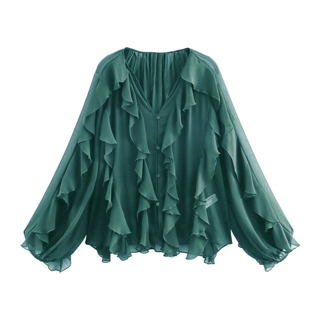 Ailaofu Ruffled Multi-Layered Summer Blouse for Women Trendy Semi See Through V-Neck Long Sleeve Button Chiffon Shirt Tops