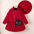 thumbnail image 2 of Odeerbi 3-7 Years Kids Girls Cotton Outfits Long Sleeve Jacket Pleated Skirt with Bucket Hat Three-piece Set Solid Color Skirt Set Kids Girls Clothes, 2 of 7