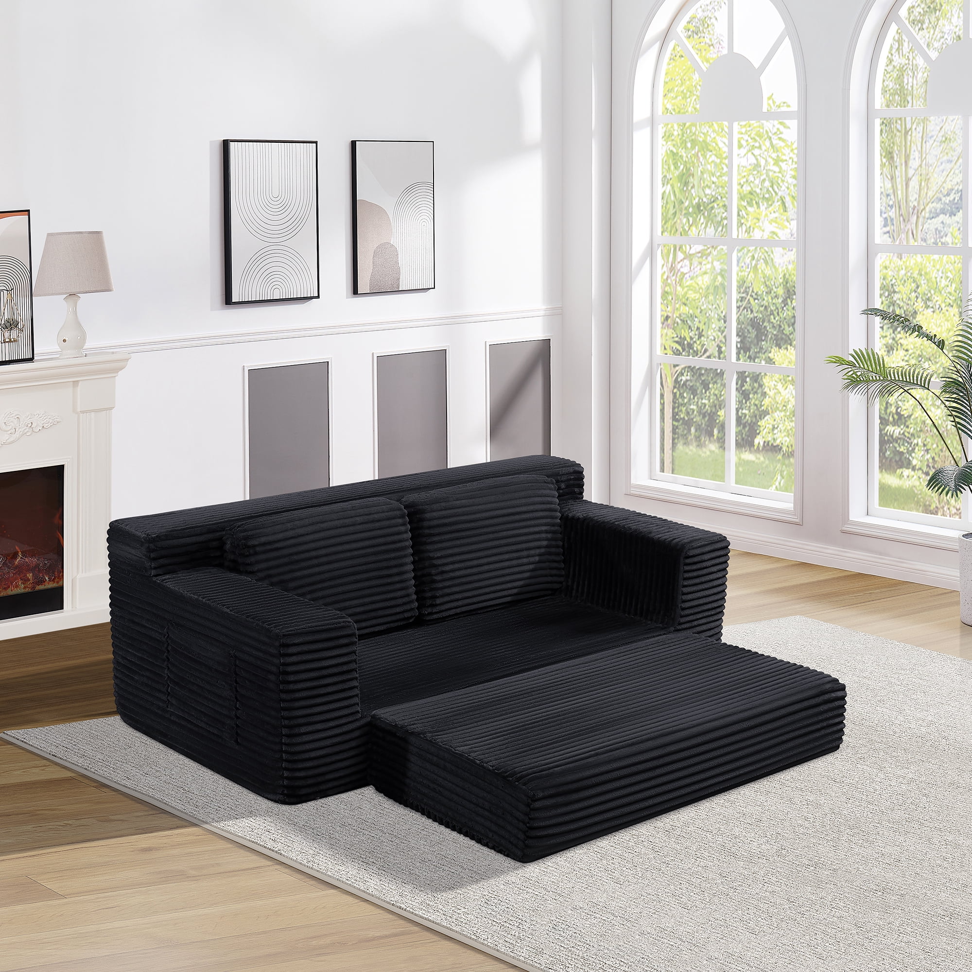 Corduroy Cloud Double Sofa, 2-in-1 Convertible Sofa Bed, Comfortable Boneless Double Sofa, Suitable for Living Room, Apartment, Small Space Black