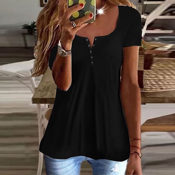Fiudx Ofertas de La Semana Moda Mujer Verano Casual Sólido Manga Corta Cuello En V Blusa Superior Camiseta