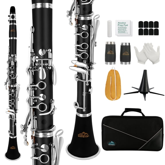EASTROCK Bb Clarinet Nickel Plated Body 17 Keys Wide Range for Beginners Includes Stand Replacement Barrels Hard Case