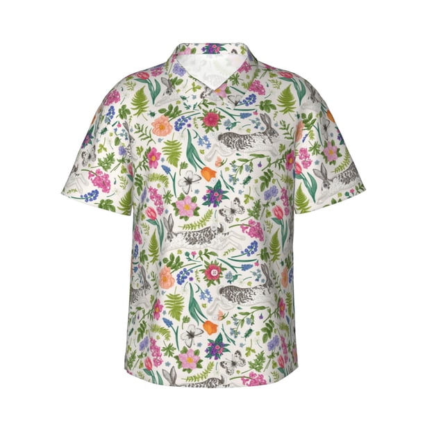Fotbe Rabbit And Butterfly Camisa Hawaiana para Hombre Unisex – Camisa Casual de Verano con Botones de Manga Corta de Algodón y Lino,Medium