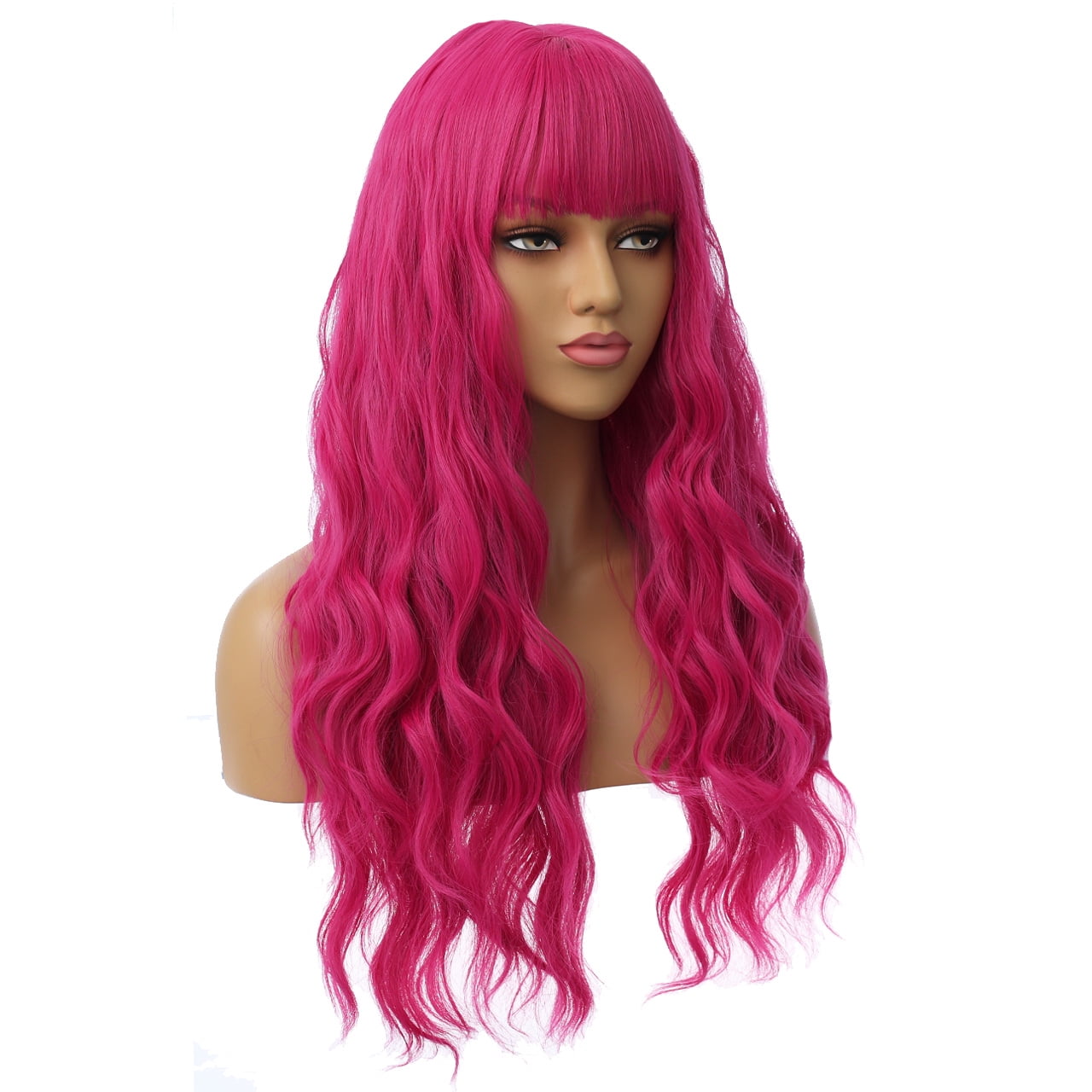 RightOn Hot Pink Wig Long Curly Wig with Bangs Women Rose Red Wigs Cosplay Party Costume Synthetic Wigs with Wig Cap