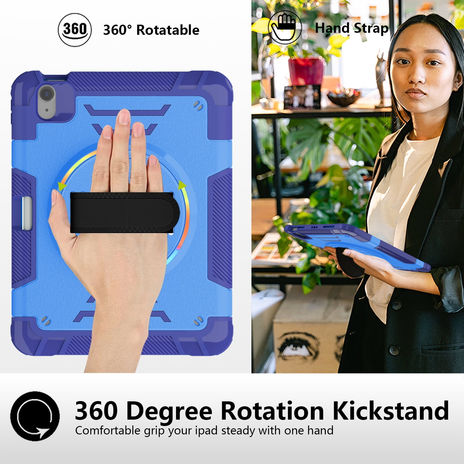 Casetego for iPad Air 6th/5th/4th Generation Case (10.9”, 2024/2022/2020),Shockproof Heavy Duty [360 Rotating Stand] [Hand Strap] [Pencil Holder] iPad Air 6/5/4 for Case Kids Girls Gifts,Blue