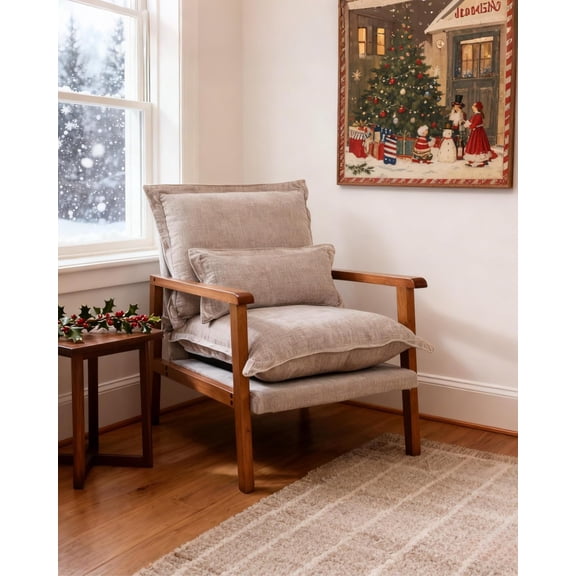Midcentury Accent Chair for Living Room, Chenille Upholstered Lounge Armchair with Lumbar Pillow, Ruffle-Designed Cozy Reading Chair with Wood Legs, Khaki