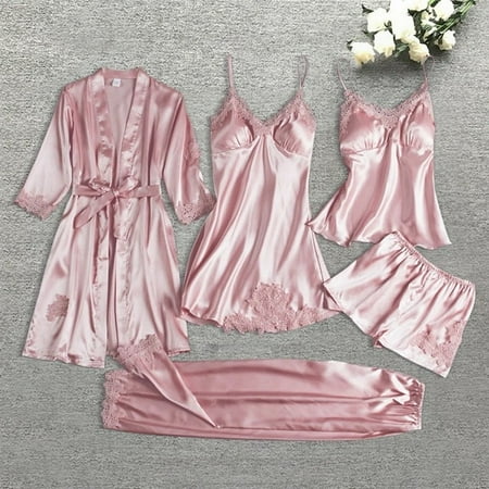 

Female 5/4/2PCS Pajamas Set Satin Pyjamamas Lace Patchwork Bril Wedding Nightwear Rayon Home Wear Nighty&Robe Suit