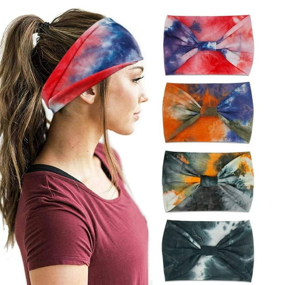 4 Pack Wide Boho Headbands for Women Fashion Knotted Headband Yoga Workout Hair Accessories African Head Wrap Orange Tie Dye